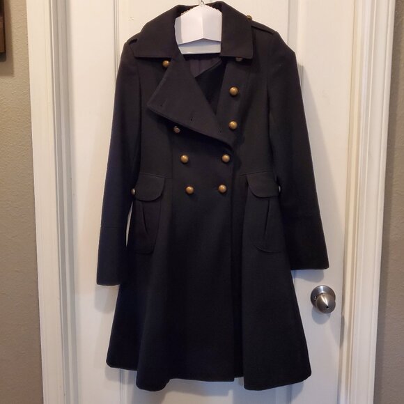 Tahari Military Peacoat A-Line Double-Breasted Black 60% Wool Blend Coat - S - Picture 9 of 13